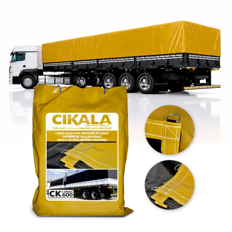 Yellow CK600 PVC truck tarp showing D-ring attachments and finishing details