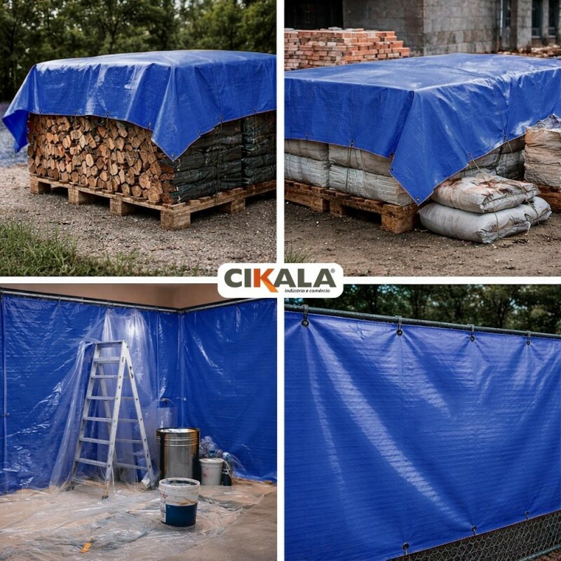 Examples of blue CK400 PVC tarp applications covering materials and work areas