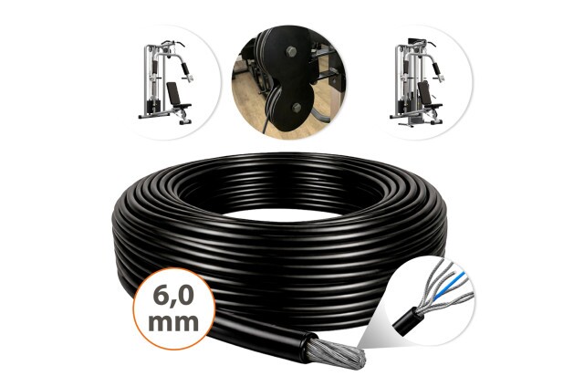 Cabo de Aço Revestido Preto 6mm 1/4" 6x19 AF Galvanizado G-FORCE Flexível - Polias Academia Máquinas Guarda Corpo