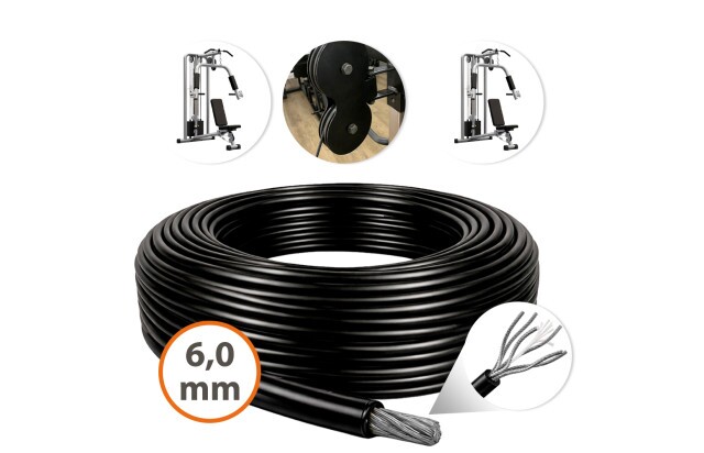 Cabo de Aço Revestido Preto 6mm 1/4" 6x19 AF Galvanizado G-FORCE Flexível - Polias Academia Máquinas Guarda Corpo