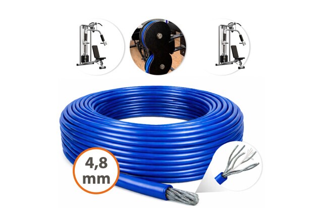 Cabo de Aço Revestido Azul 4,8mm 3/16 6x19 AF Galvanizado G-FORCE Flexível - Polias Academia Máquinas Guarda Corpo