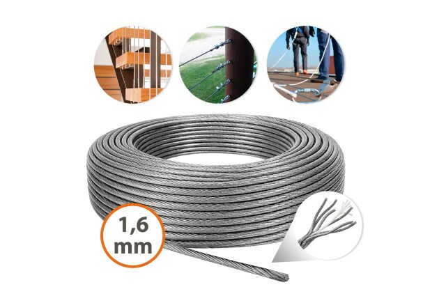 Cabo de Aço Galvanizado 1,6mm 1/16" 6x7 AF Sem Revestimento para Fixação Amarração Estaiamento