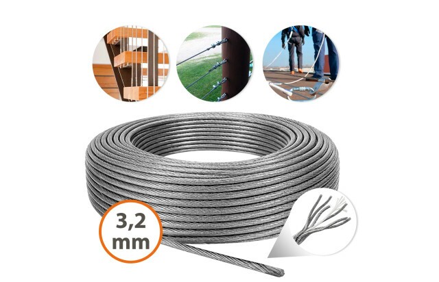 Cabo de Aço Galvanizado 3,2mm 1/8" 6x7 AF Sem Revestimento para Fixação Amarração Estaiamento