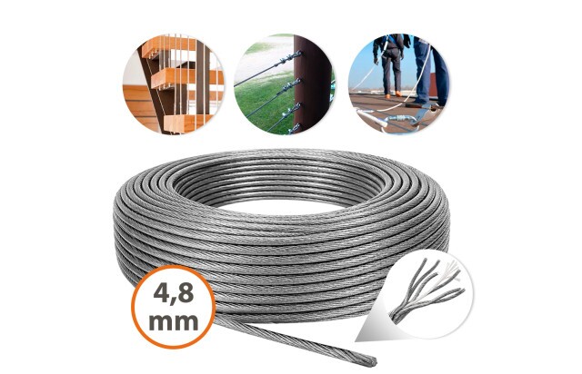 Cabo de Aço Galvanizado 4,8mm 3/16" 6x7 AF Sem Revestimento para Fixação Amarração Estaiamento