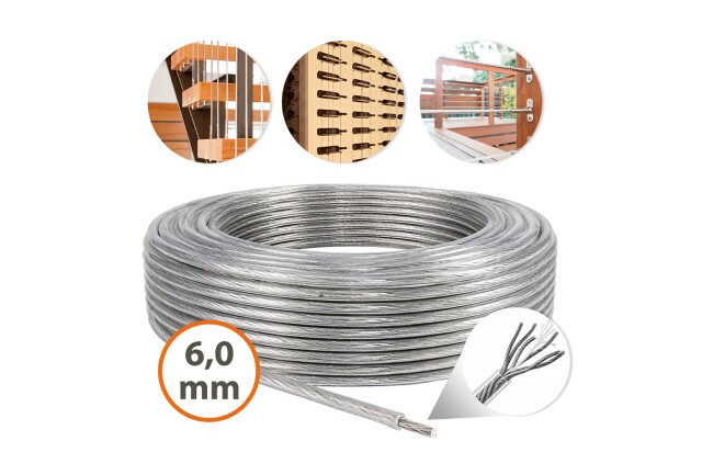 Cabo de Aço Revestido 6mm Cristal 1/4” 6x19 AF Galvanizado para Guarda Corpo Varal Estaiamento