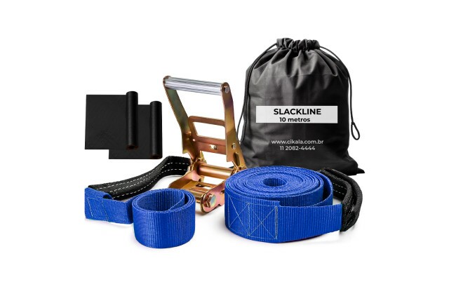 Slackline Azul 10 M Catraca + Alças + Protetores + Bolsa