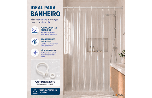 Cortina Box Banheiro PVC Transparente 2.00x1.40 M+Presilhas