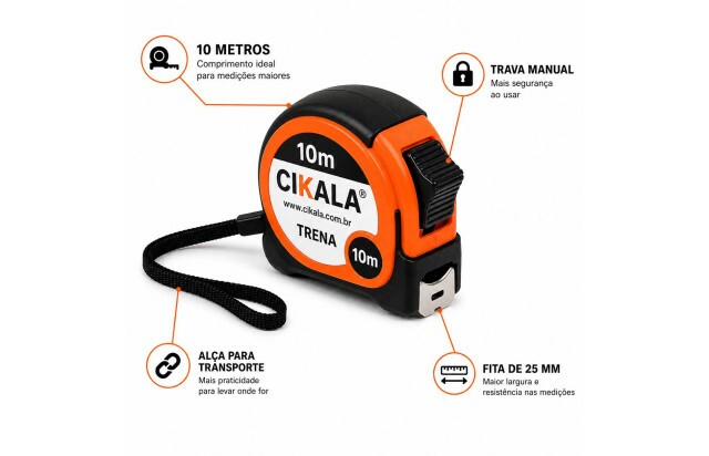 Trena Manual 10 Metros com Fita de 25 mm Trava e Alça