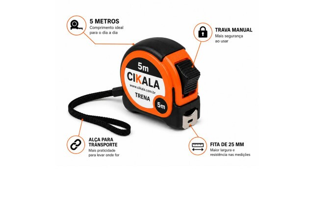 Trena Manual 5 Metros com Fita de 25 mm Trava e Alça