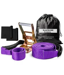 Slackline 15m Roxo com Catraca Reforçada, Cinta com Alças e Bolsa