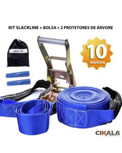 Slackline Azul Cinta 10 M + Catraca + Alças + Protetores + Bolsa