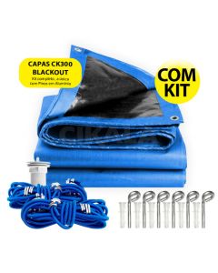 Capa para Piscina CK300 Micras Azul x Preta Blackout Proteção Sujeira Kit Instalação Pinos em Alumínio