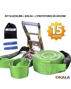 Slackline Verde Cinta 15 M + Catraca + Alças + Protetores + Bolsa