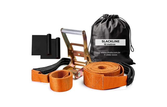 Slackline 10m Laranja com Catraca Reforçada, Cinta com Alças, Protetores e Bolsa