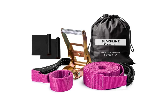 Slackline Rosa 10 M Catraca + Alças + Protetores + Bolsa