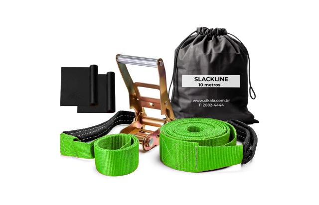 Slackline Verde 10 M Catraca + Alças + Protetores + Bolsa