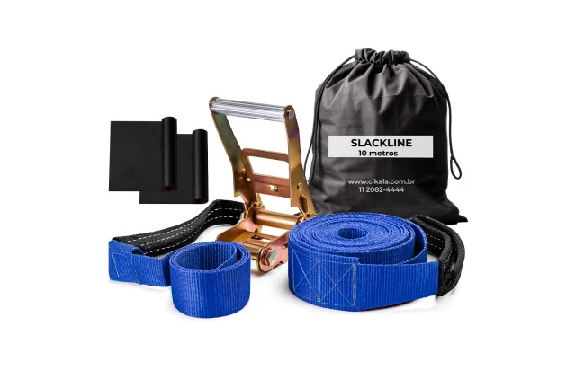 Slackline Azul 10 M Catraca + Alças + Protetores + Bolsa