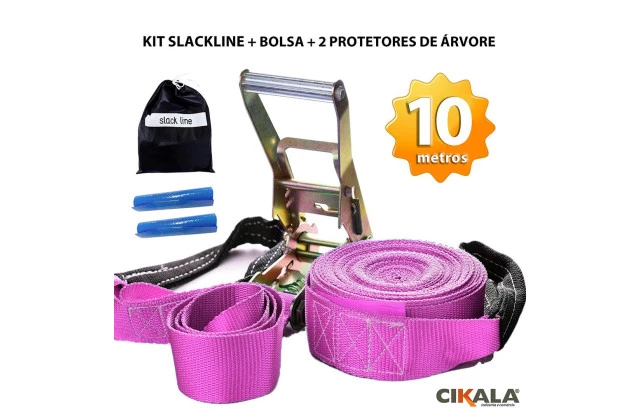 Slackline Rosa 10 M Catraca + Alças + Protetores + Bolsa