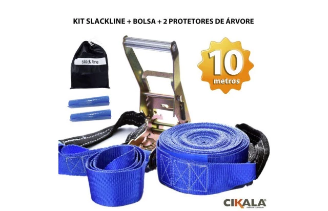 Slackline Azul 10 M Catraca + Alças + Protetores + Bolsa