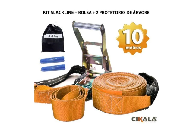 Slackline Laranja 10 M Catraca + Alças + Protetores + Bolsa