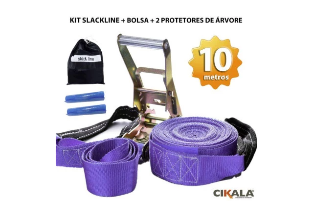 Slackline Roxo 10 M Catraca + Alças + Protetores + Bolsa