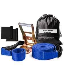 Slackline Azul 15 M Catraca + Alças + Protetores + Bolsa