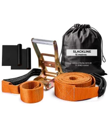 Slackline Laranja 15 M Catraca + Alças + Protetores + Bolsa