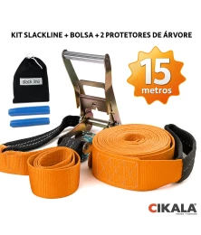 Slackline Laranja 15 M Catraca + Alças + Protetores + Bolsa