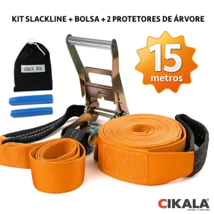 Slackline Laranja 15 M Catraca + Alças + Protetores + Bolsa